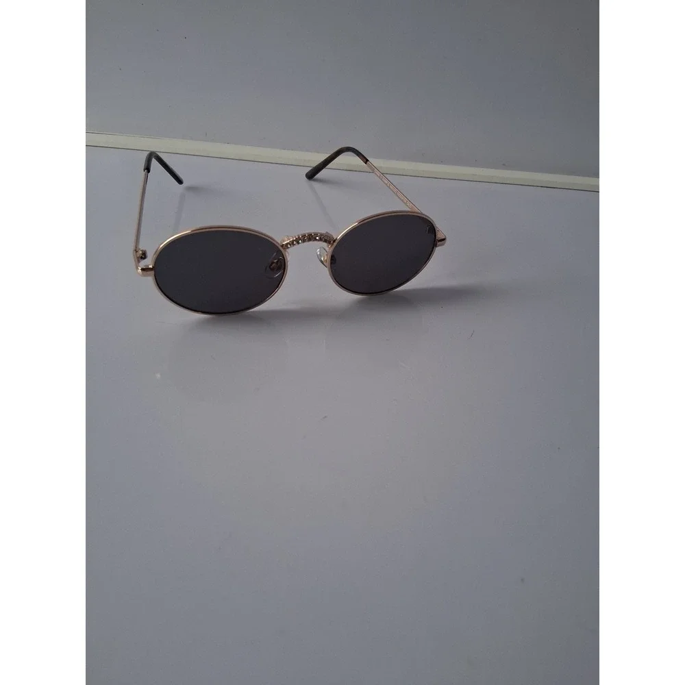 Foster Grant Rose Gold Oval Sunglasses Rhinestone Bridge NS0323 Dark Tint Lenses